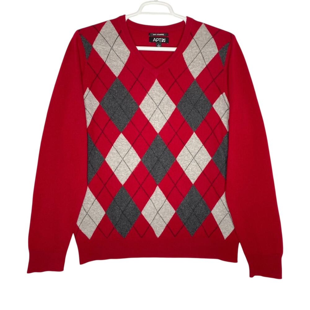 Apt. 9 Cashmere Sweater Red V-Neck Argyle Knit Mens Size Large Old Money Preppy
